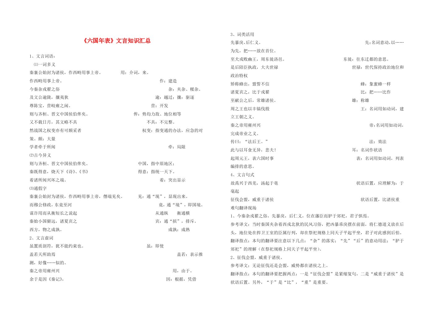 2015-2016学年高中语文《六国年表》文言知识汇总素材