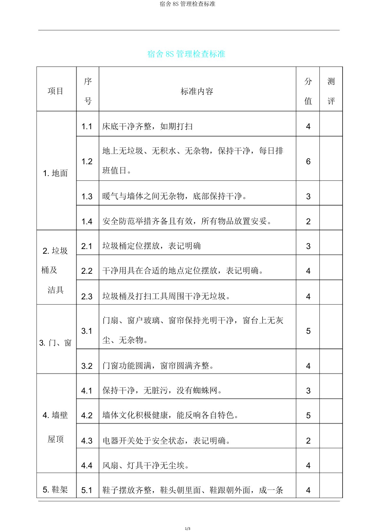 宿舍8S管理检查标准