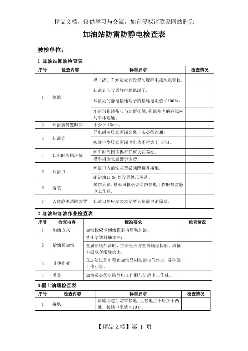 加油站防雷防静电检查表