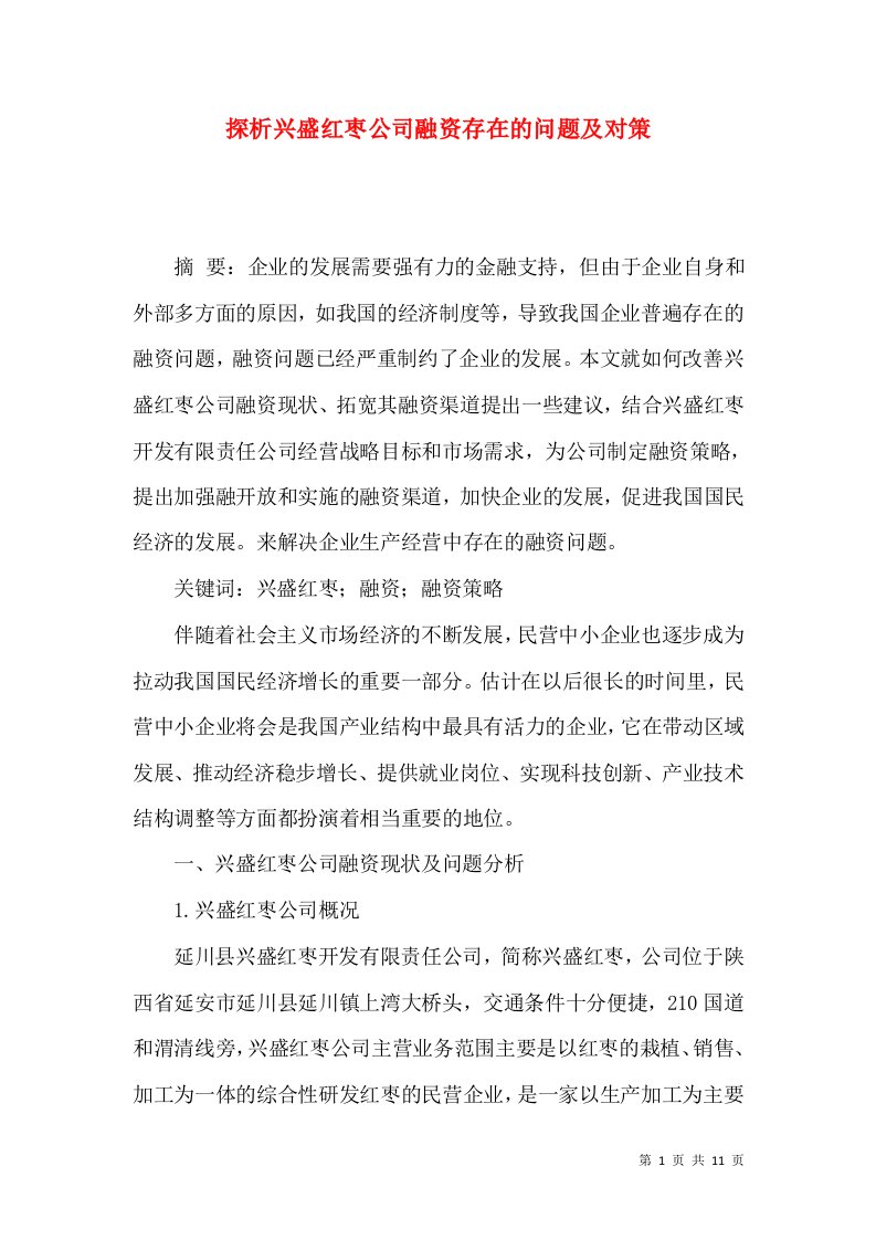 探析兴盛红枣公司融资存在的问题及对策