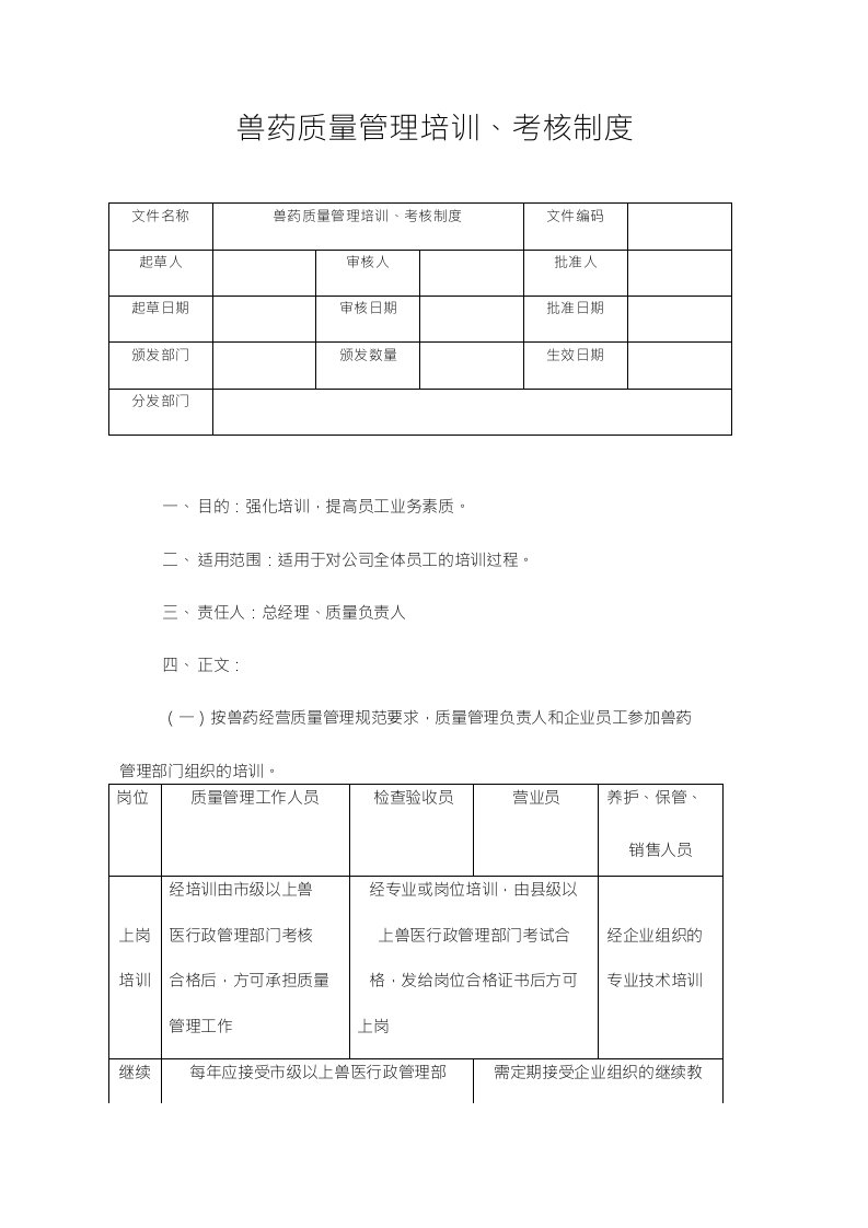 兽药质量管理培训、考核制度