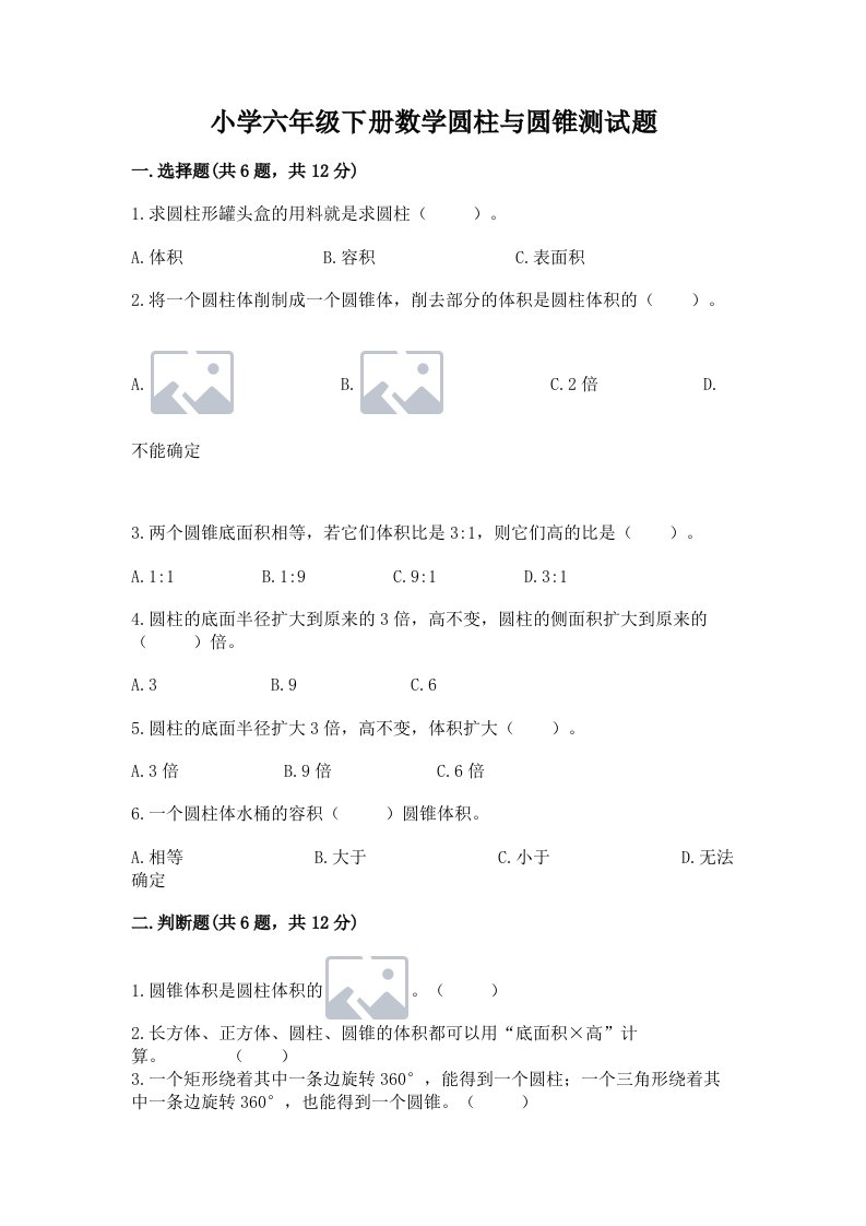 小学六年级下册数学圆柱与圆锥测试题及参考答案（突破训练）