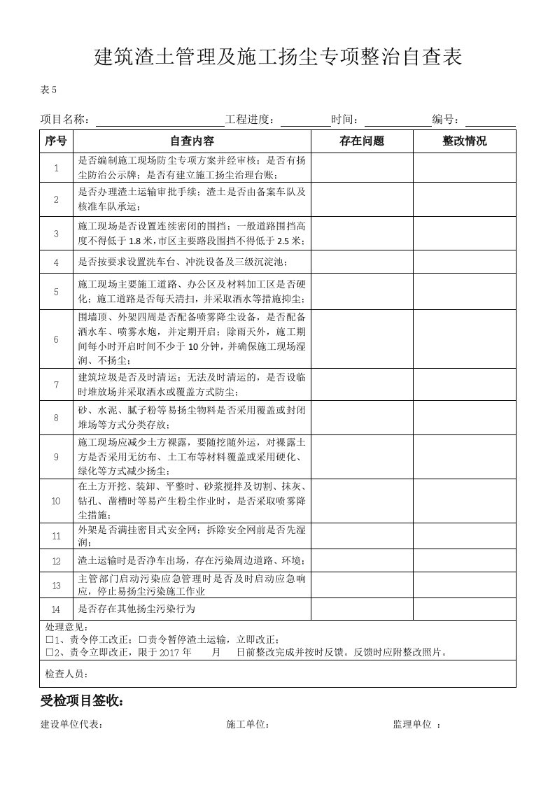 建筑渣土管理及施工扬尘专项整治自查表