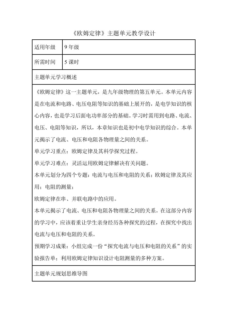 初中物理《欧姆定律》主题单元教学设计以及思维导图