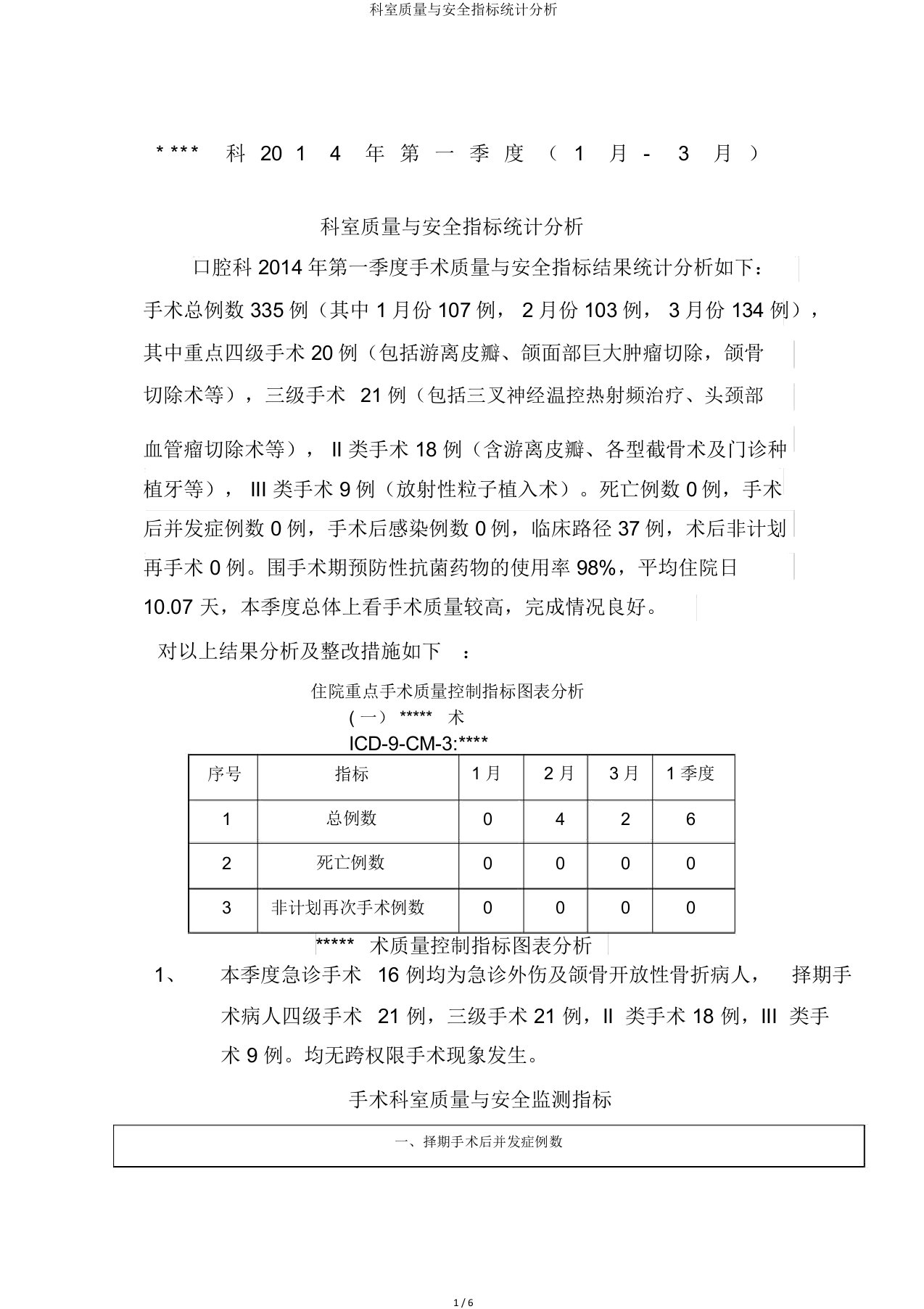 科室质量与安全指标统计分析