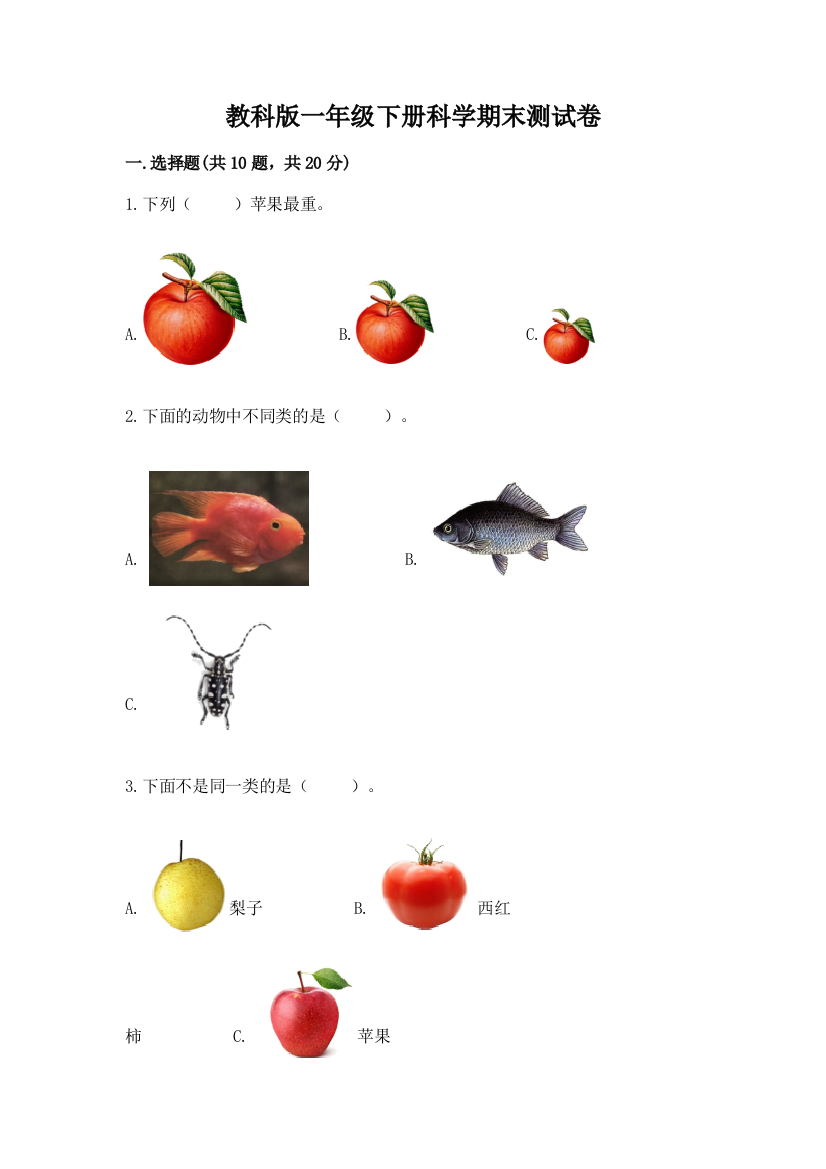 教科版一年级下册科学期末测试卷及完整答案