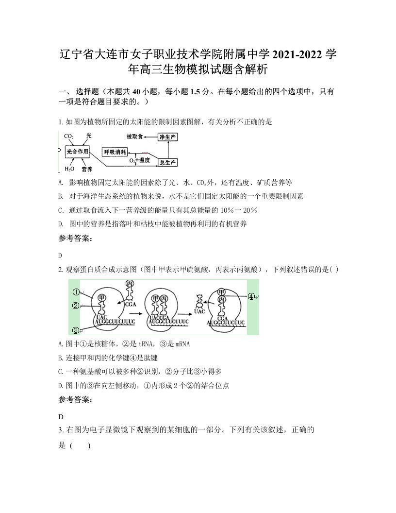 辽宁省大连市女子职业技术学院附属中学2021-2022学年高三生物模拟试题含解析