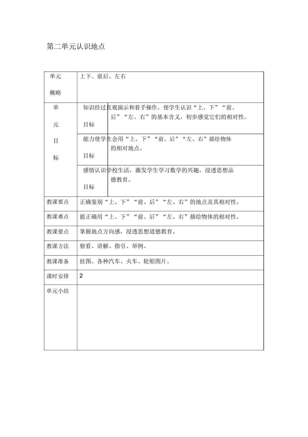 小学一年级数学上位置教案