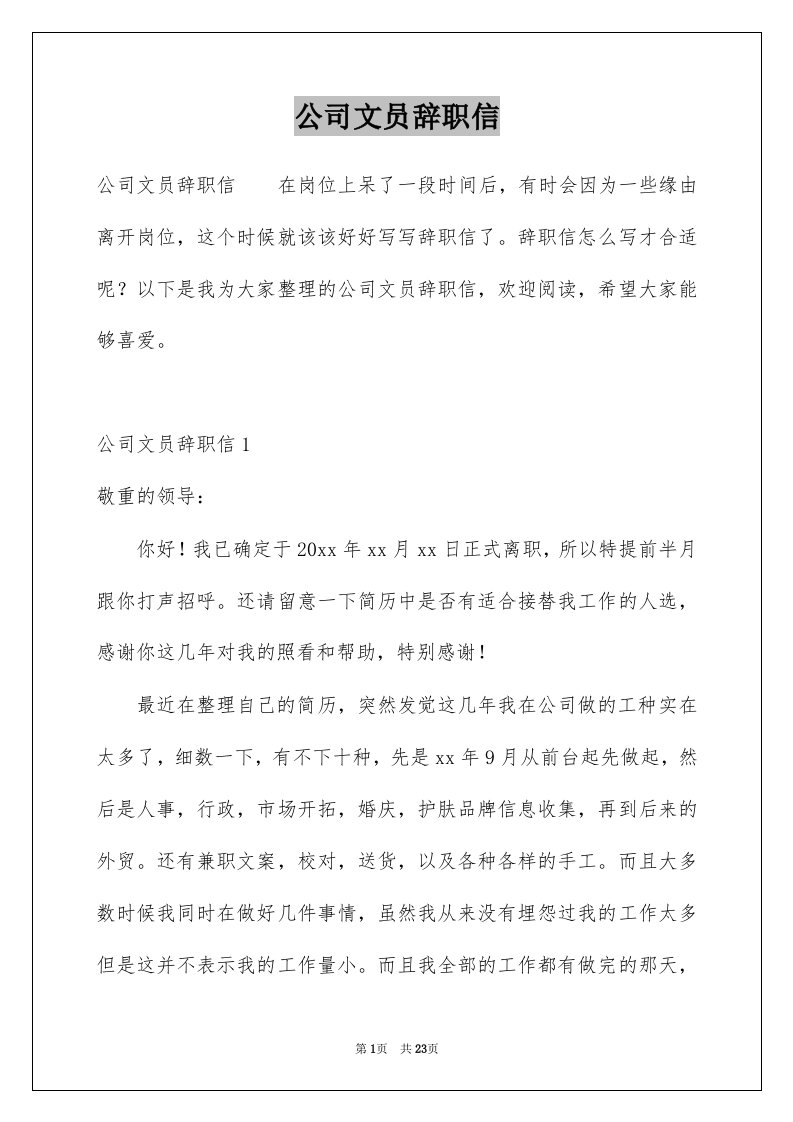 公司文员辞职信精选