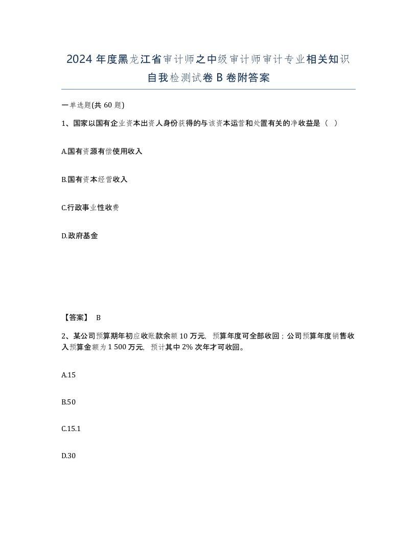 2024年度黑龙江省审计师之中级审计师审计专业相关知识自我检测试卷B卷附答案