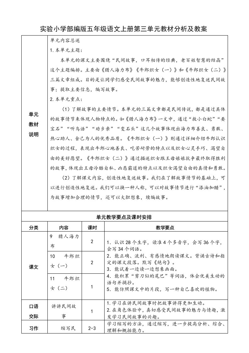 实验小学部编版五年级语文上册第三单元教材分析及全部教案