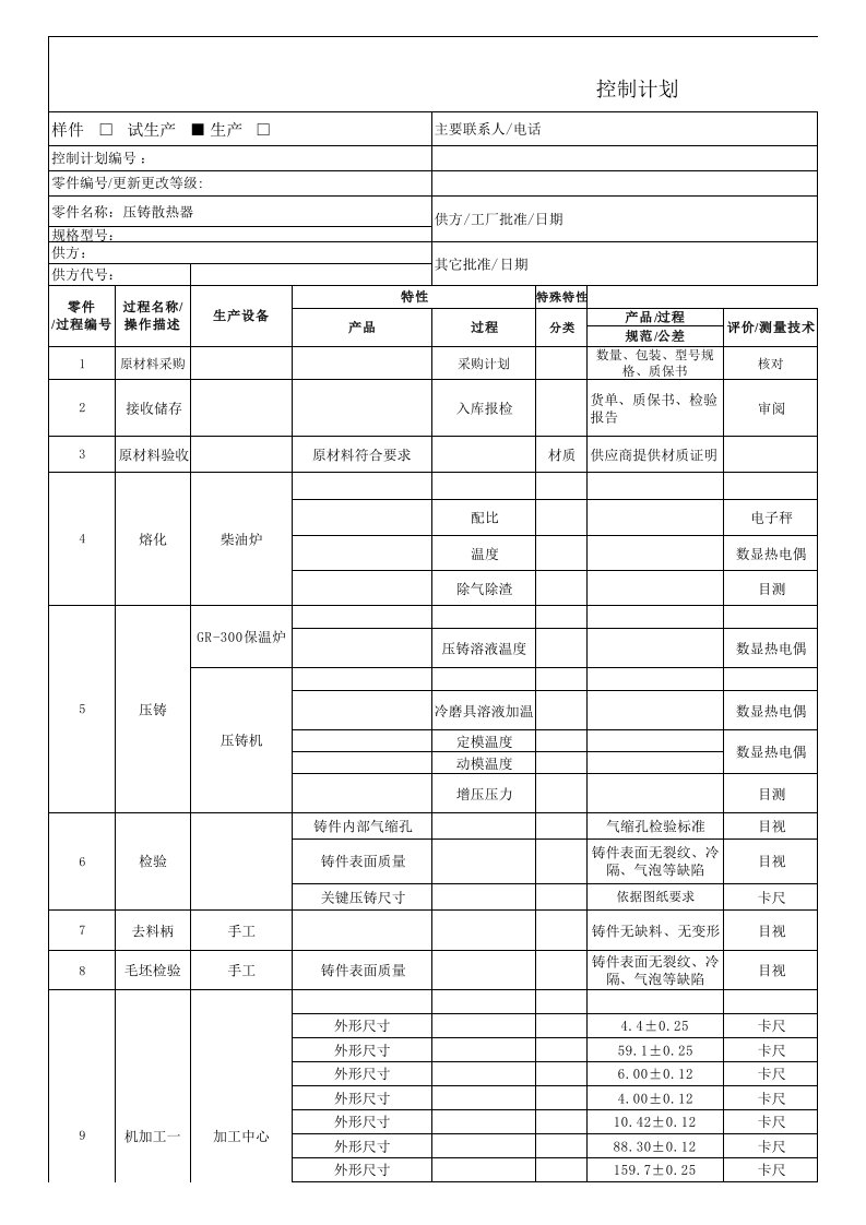 压铸件的控制计划