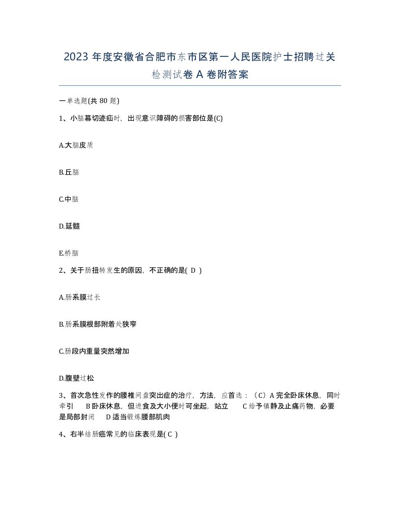 2023年度安徽省合肥市东市区第一人民医院护士招聘过关检测试卷A卷附答案