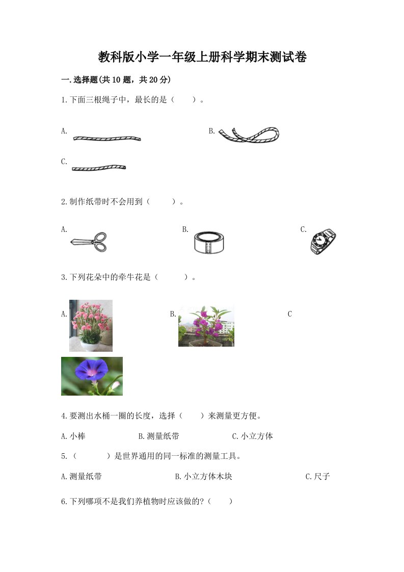 教科版小学一年级上册科学期末测试卷含完整答案【易错题】