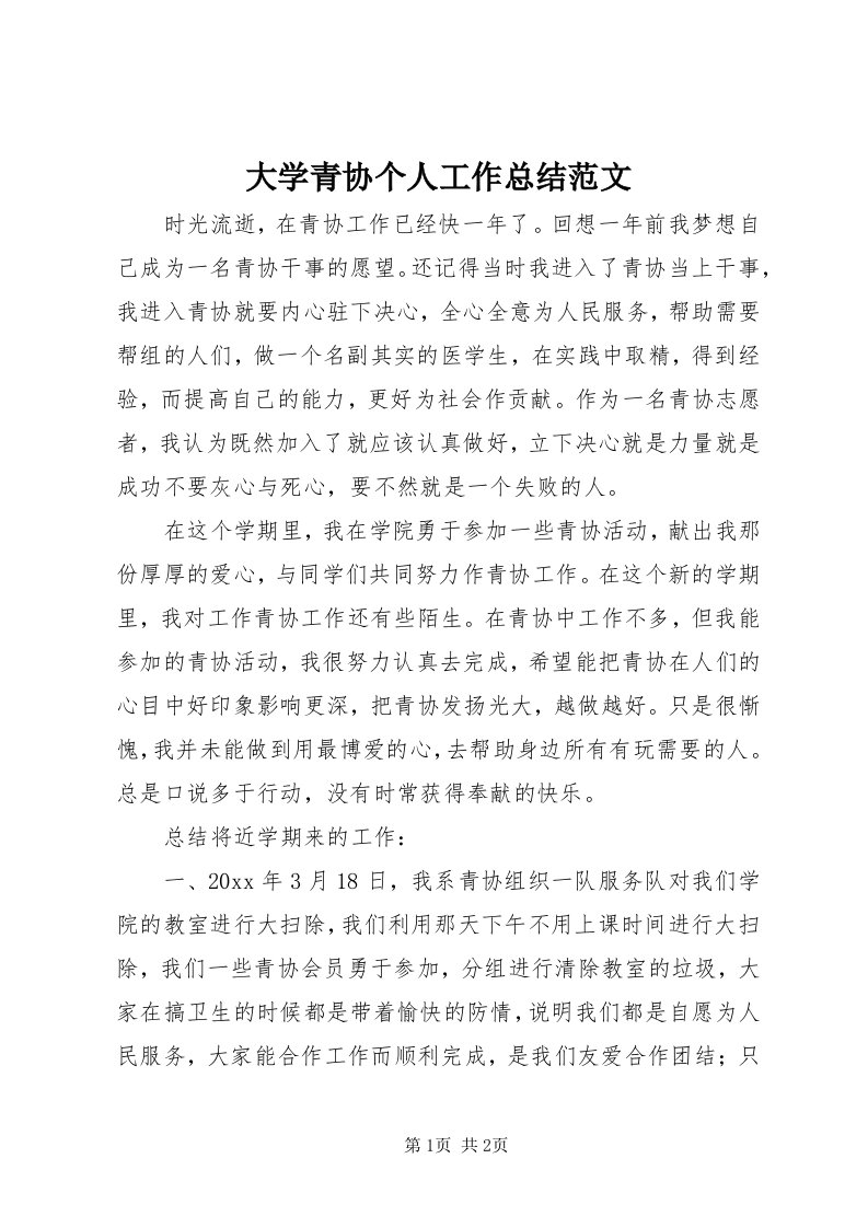 大学青协个人工作总结范文