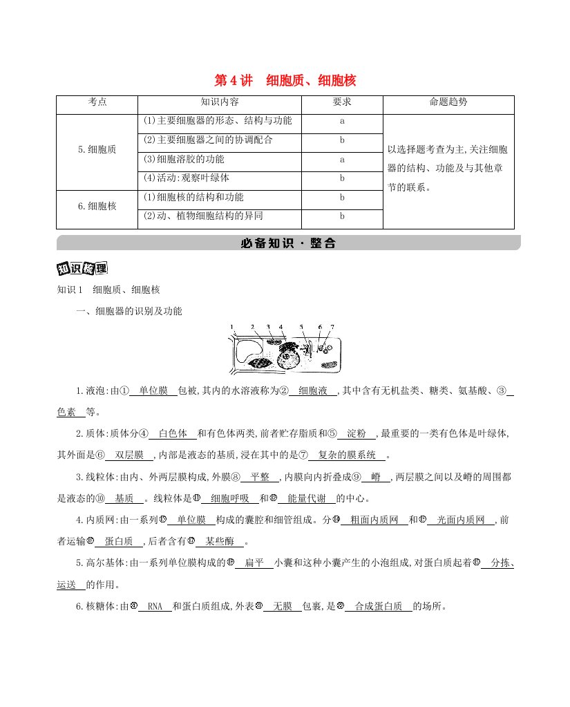 高考生物总复习第二单元细胞的结构第4讲细胞质细胞核教案