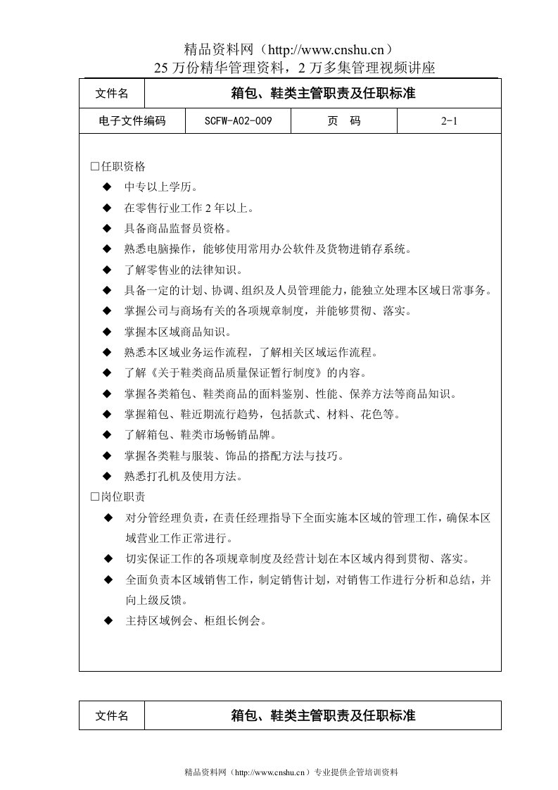 箱包、鞋类主管职责及任职标准(1)