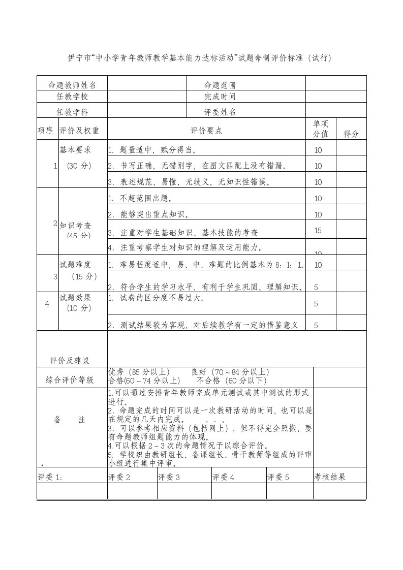 青年教师试题命制评价标准