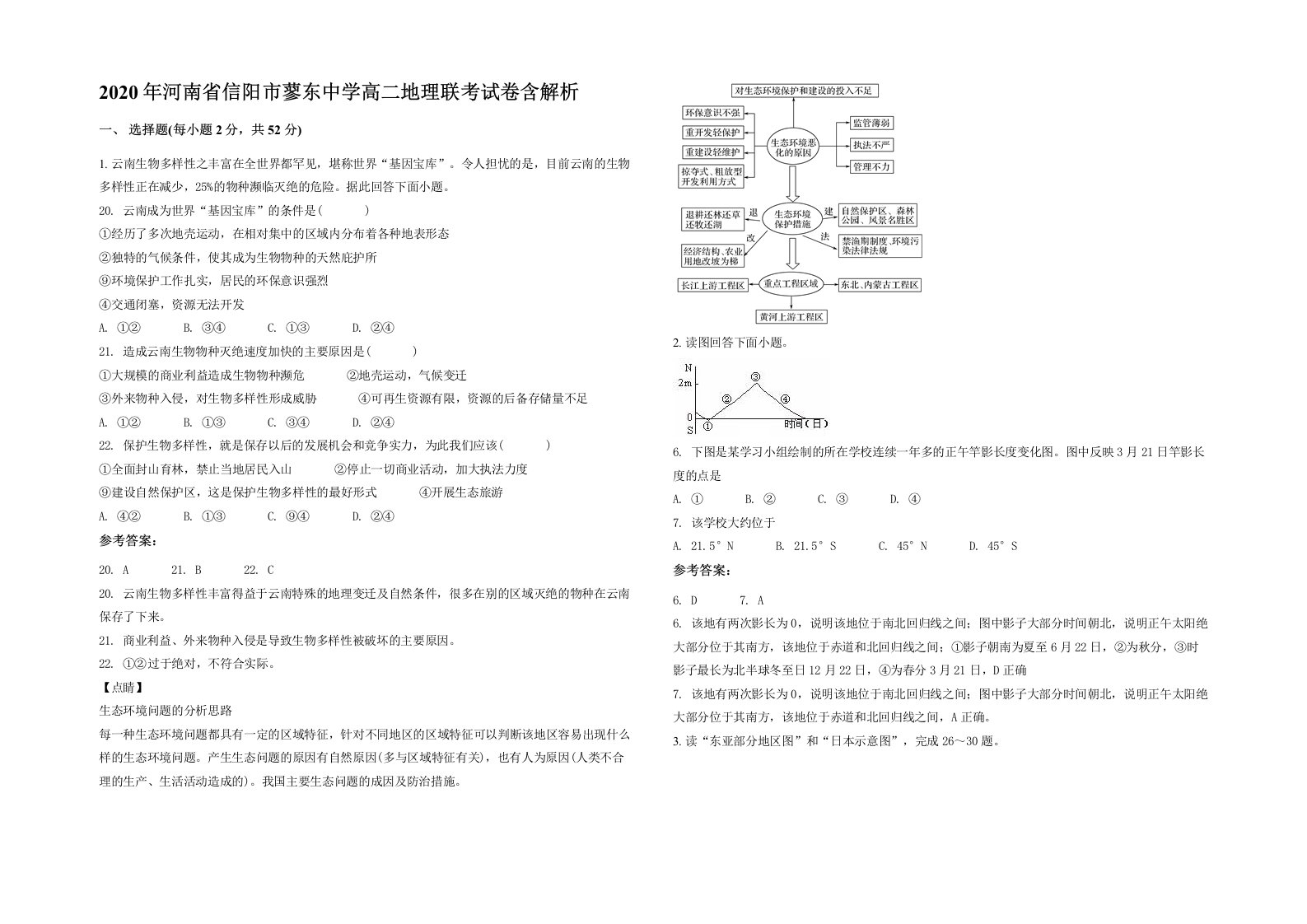 2020年河南省信阳市蓼东中学高二地理联考试卷含解析