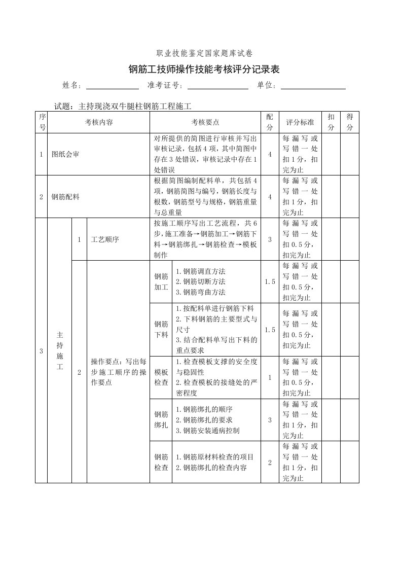 钢筋工技师操作技能考核评分记录表