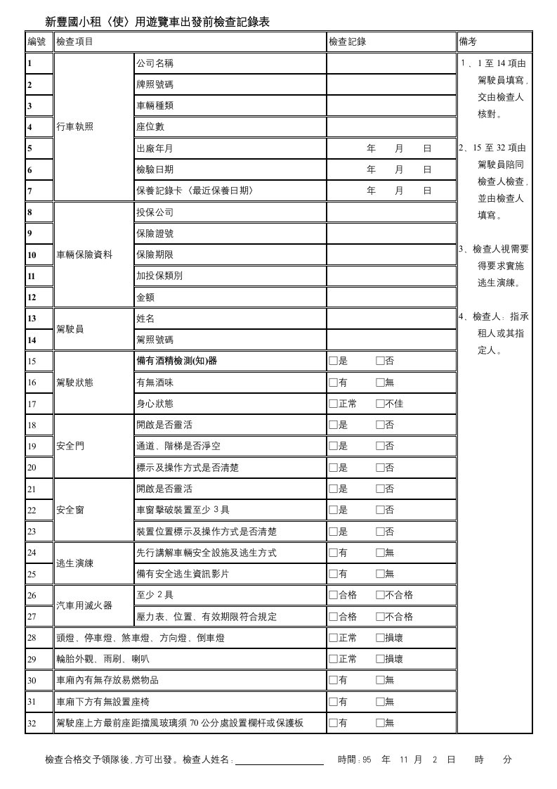 新丰国小租使用游览车出发前检查记录表