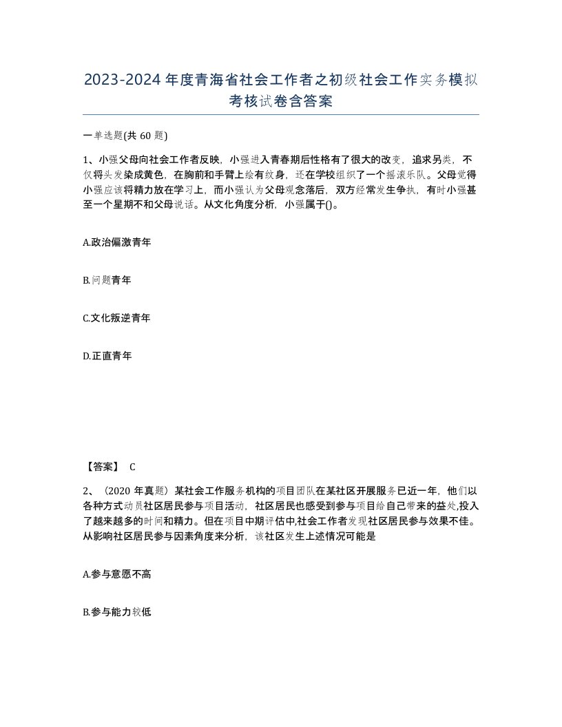 2023-2024年度青海省社会工作者之初级社会工作实务模拟考核试卷含答案