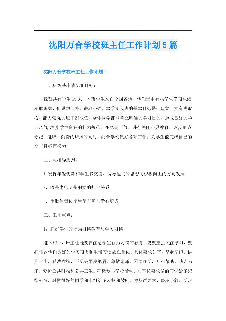 沈阳万合学校班主任工作计划5篇