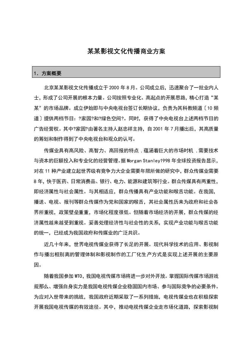 某某影视文化传播有限公司商业计划