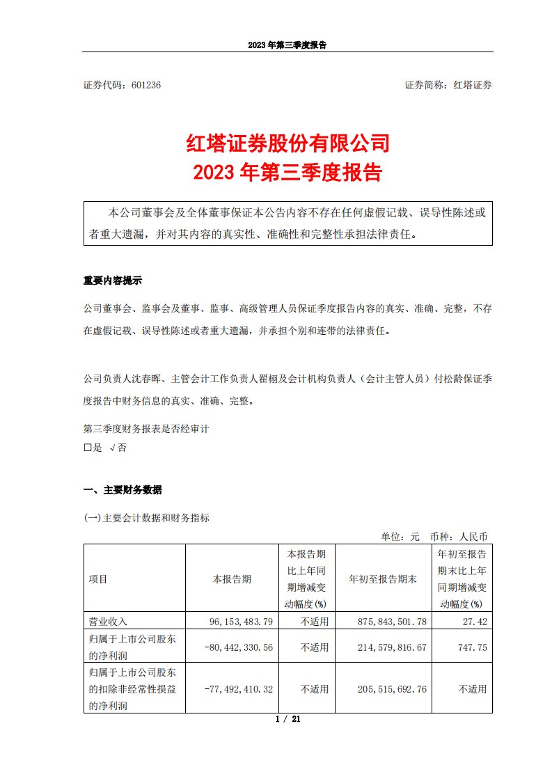 上交所-红塔证券股份有限公司2023年第三季度报告-20231030