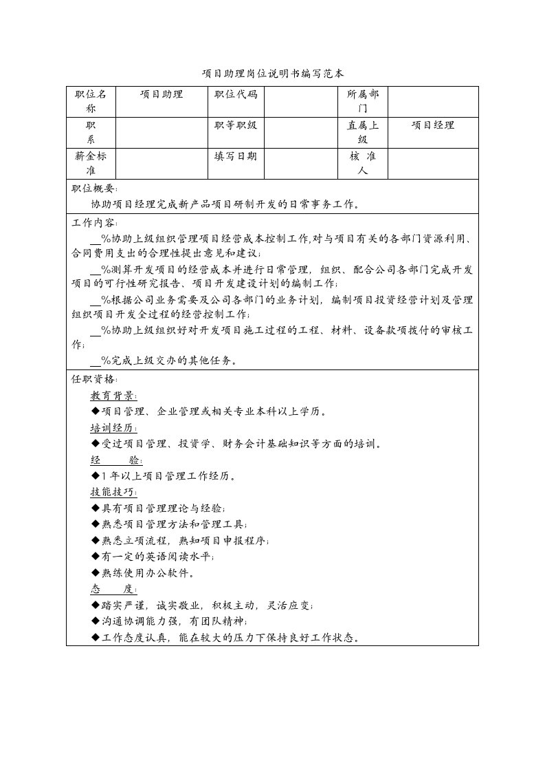 项目助理岗位说明书编写范本