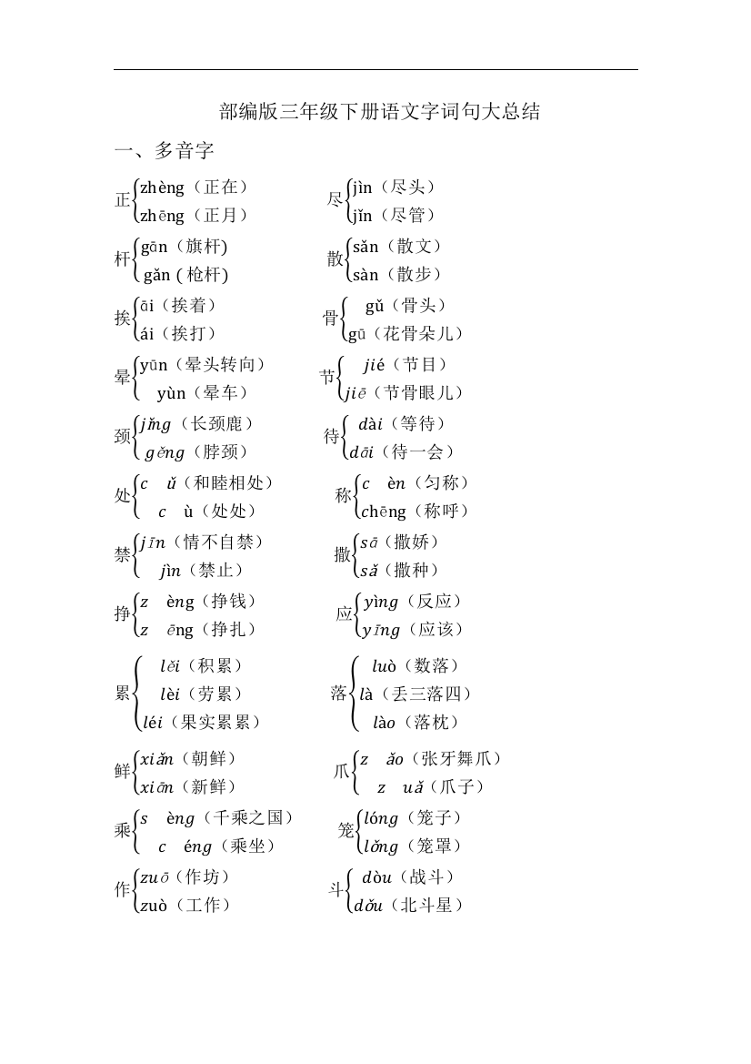 (完整)部编版三年级语文下册字词句知识总结-推荐文档