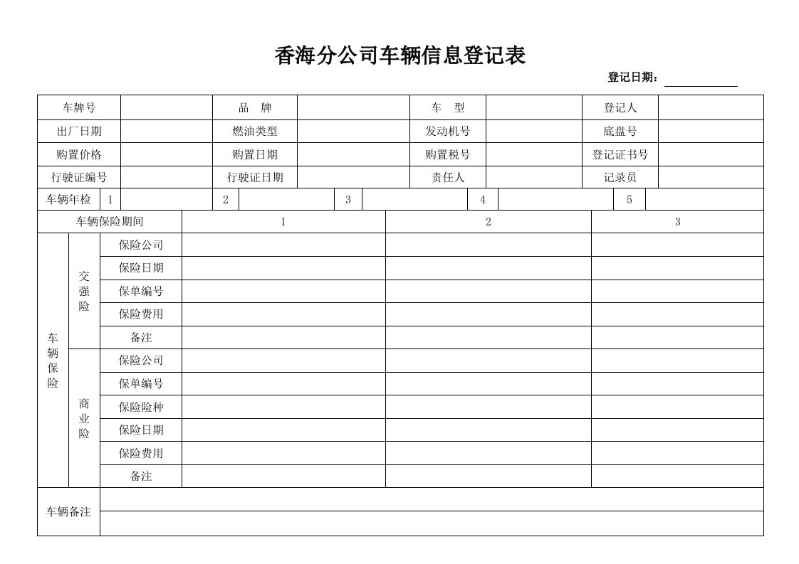 香海分公司车辆信息登记表