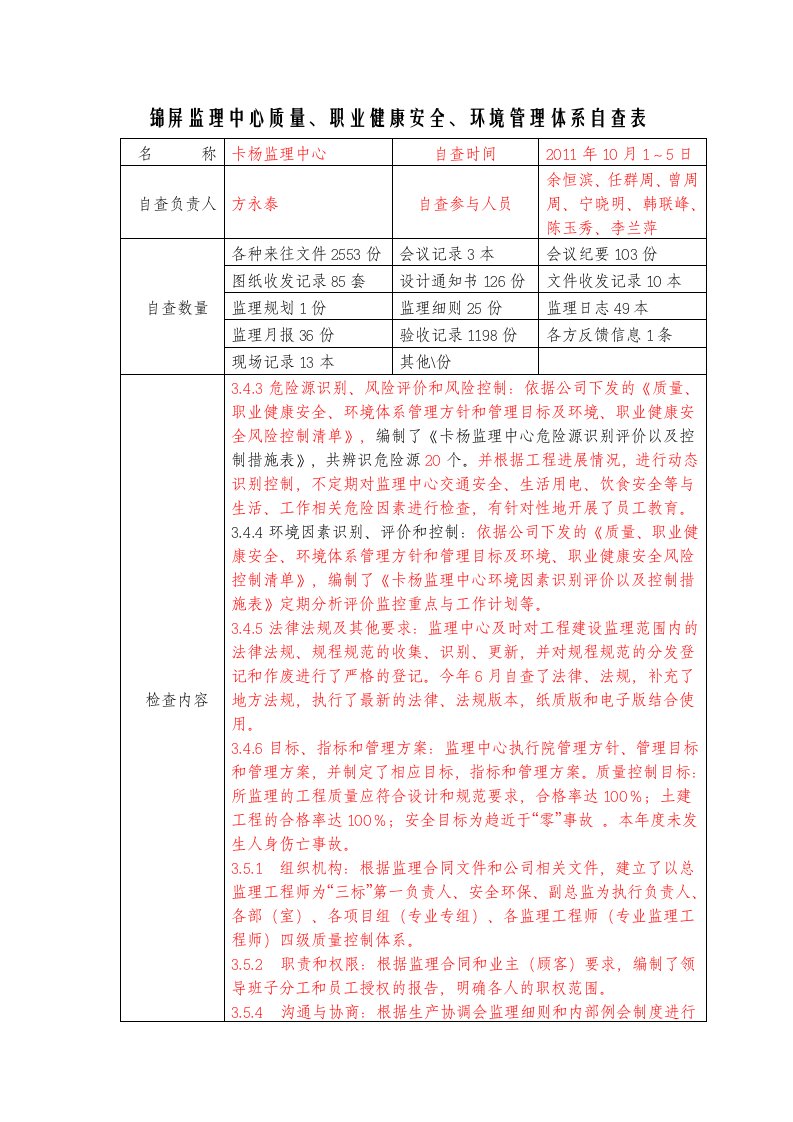 监理项目部安全环保自查表(新)