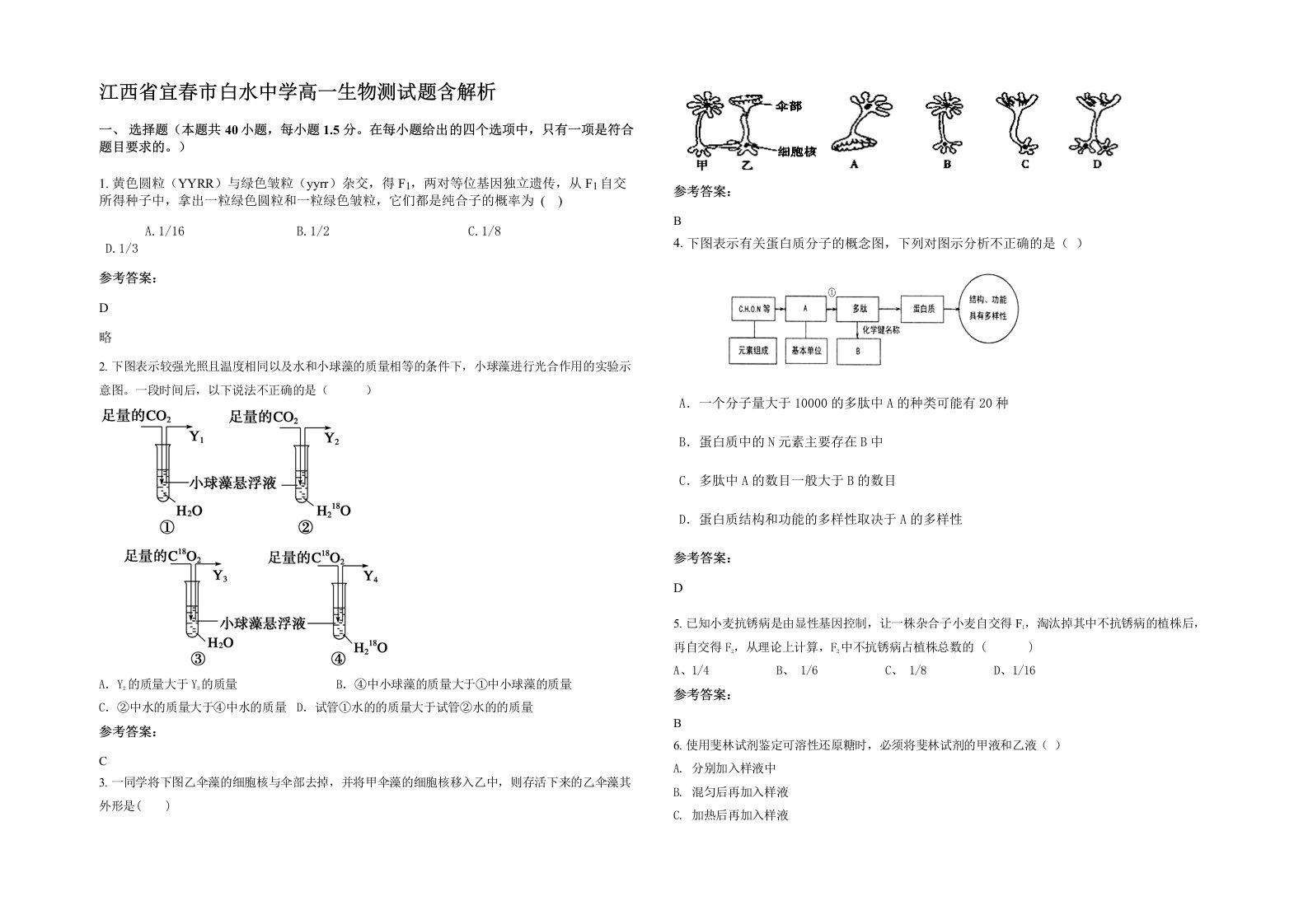 江西省宜春市白水中学高一生物测试题含解析