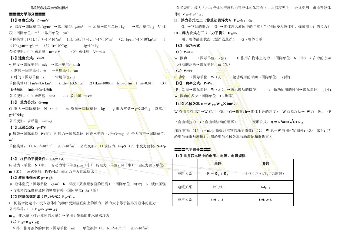 初中物理计算公式详细汇总