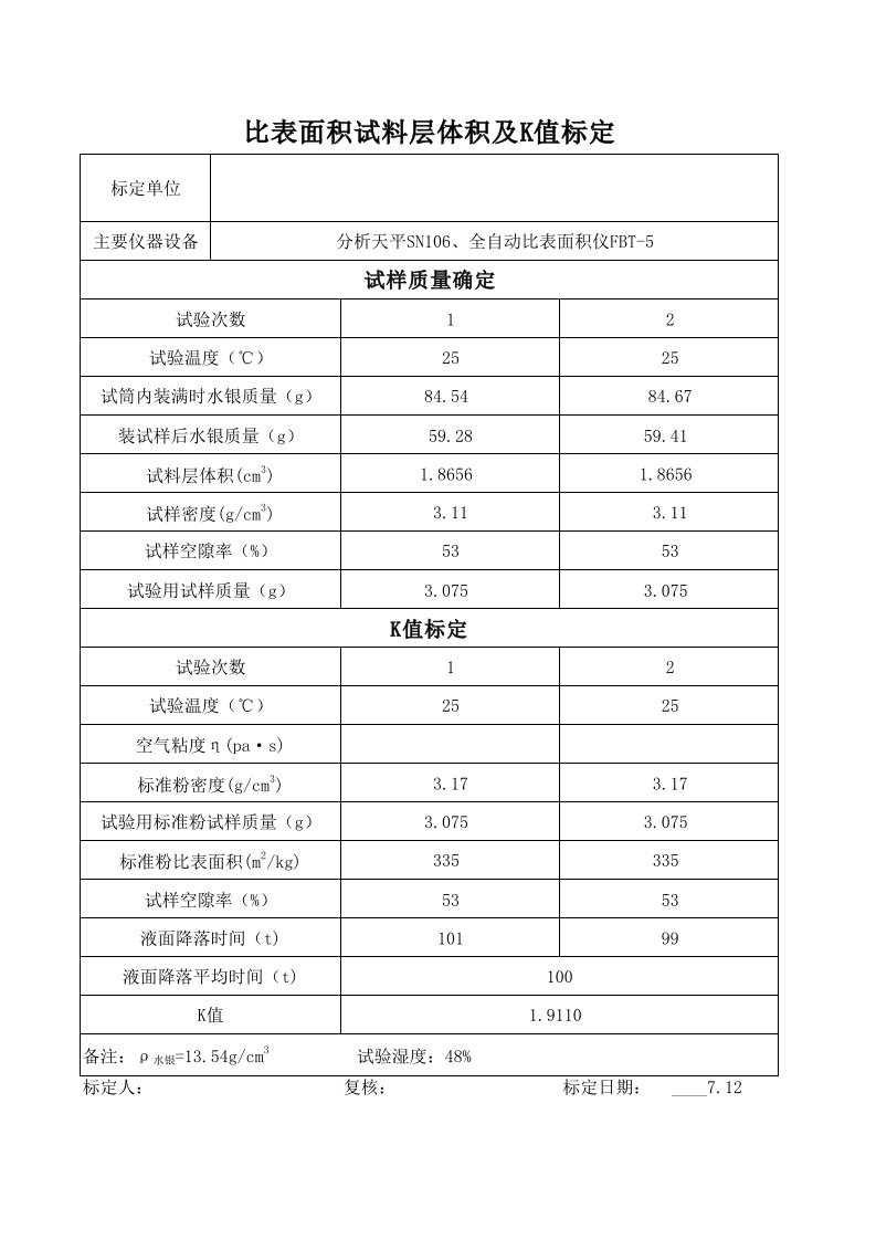 水泥比表面积K值标定