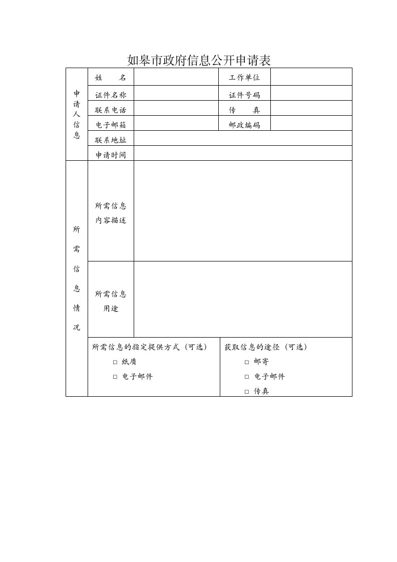 如皋市政府信息公开申请表