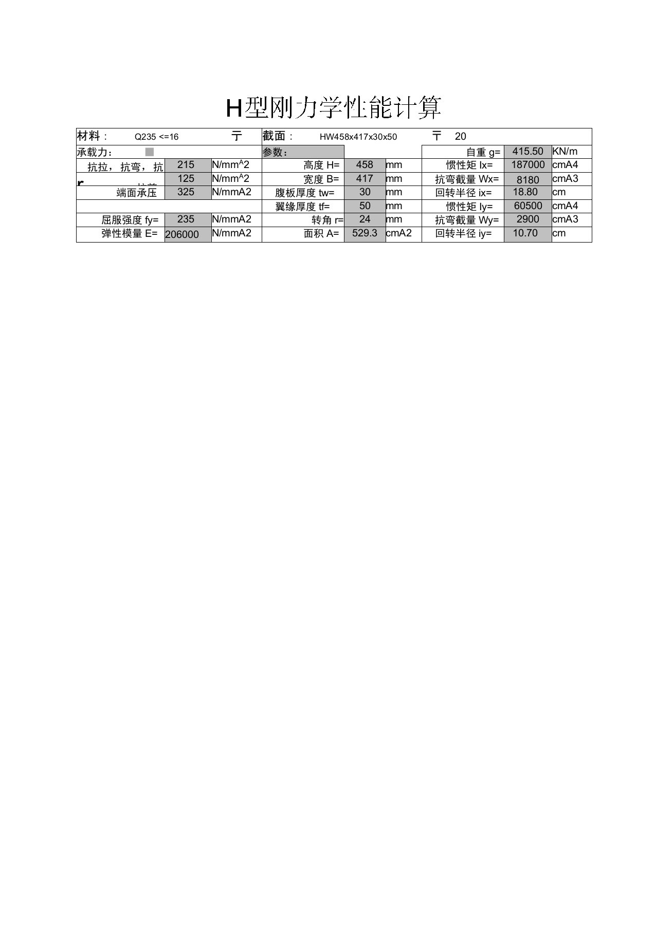 H型钢力学性能计算表