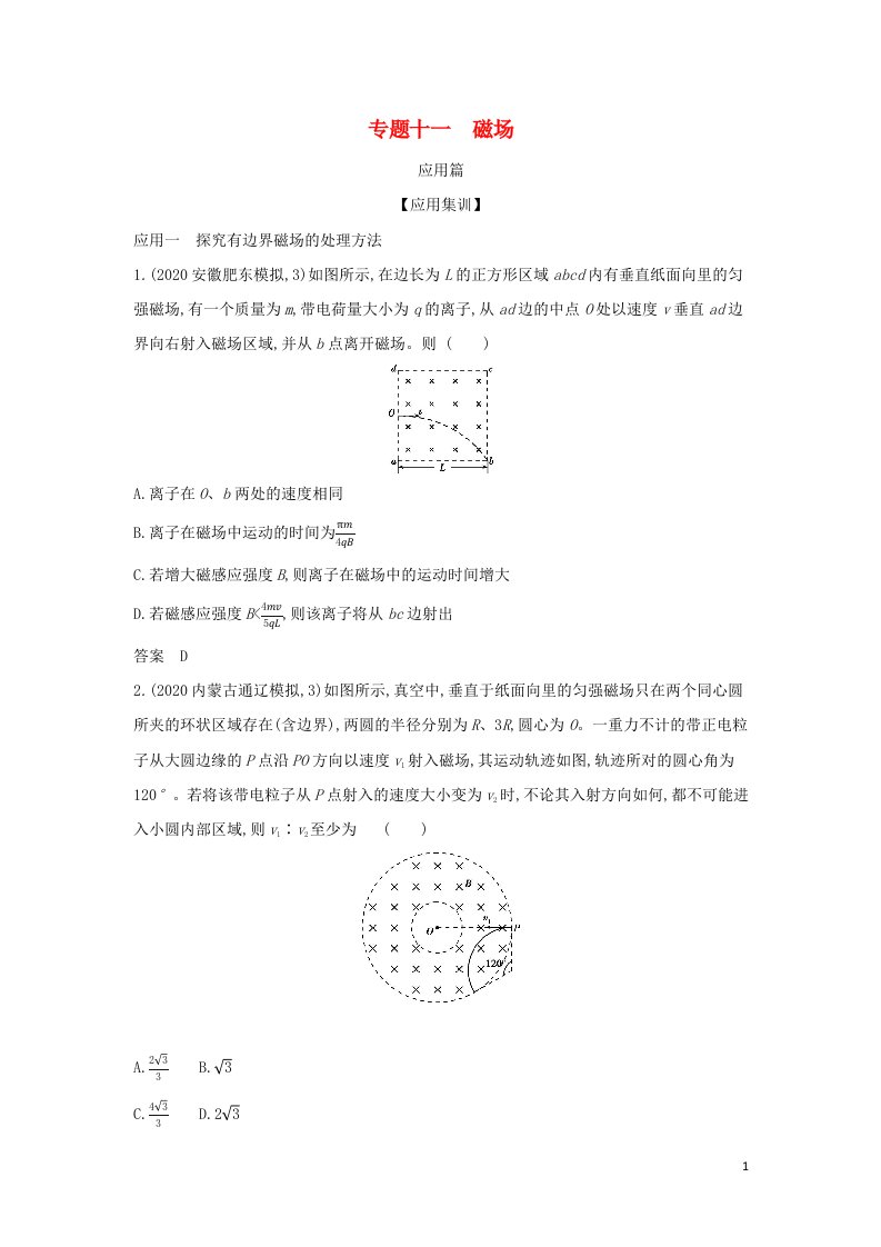 山东专用2022年高考物理一轮复习专题十一磁场_应用集训含解析