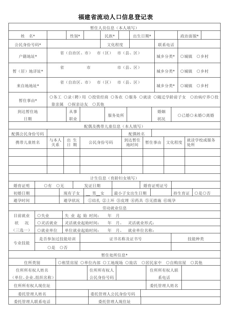 福建省流动人口信息登记表(模板)