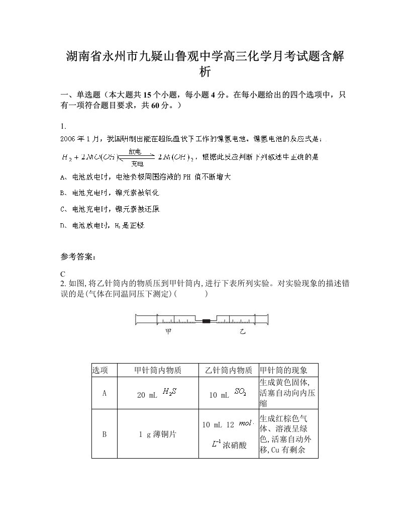 湖南省永州市九疑山鲁观中学高三化学月考试题含解析