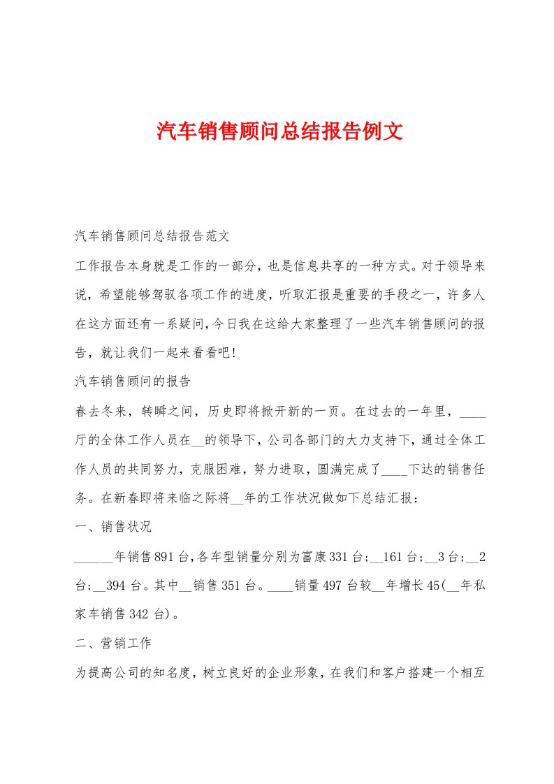 汽车销售顾问总结报告例文