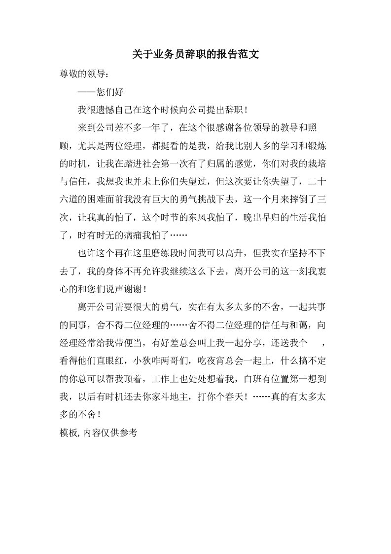 关于业务员辞职的报告范文