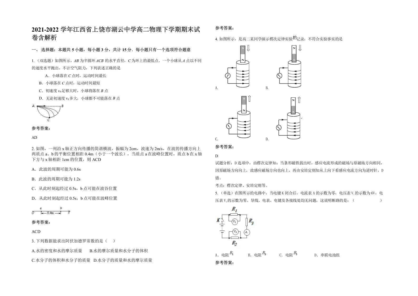 2021-2022学年江西省上饶市湖云中学高二物理下学期期末试卷含解析