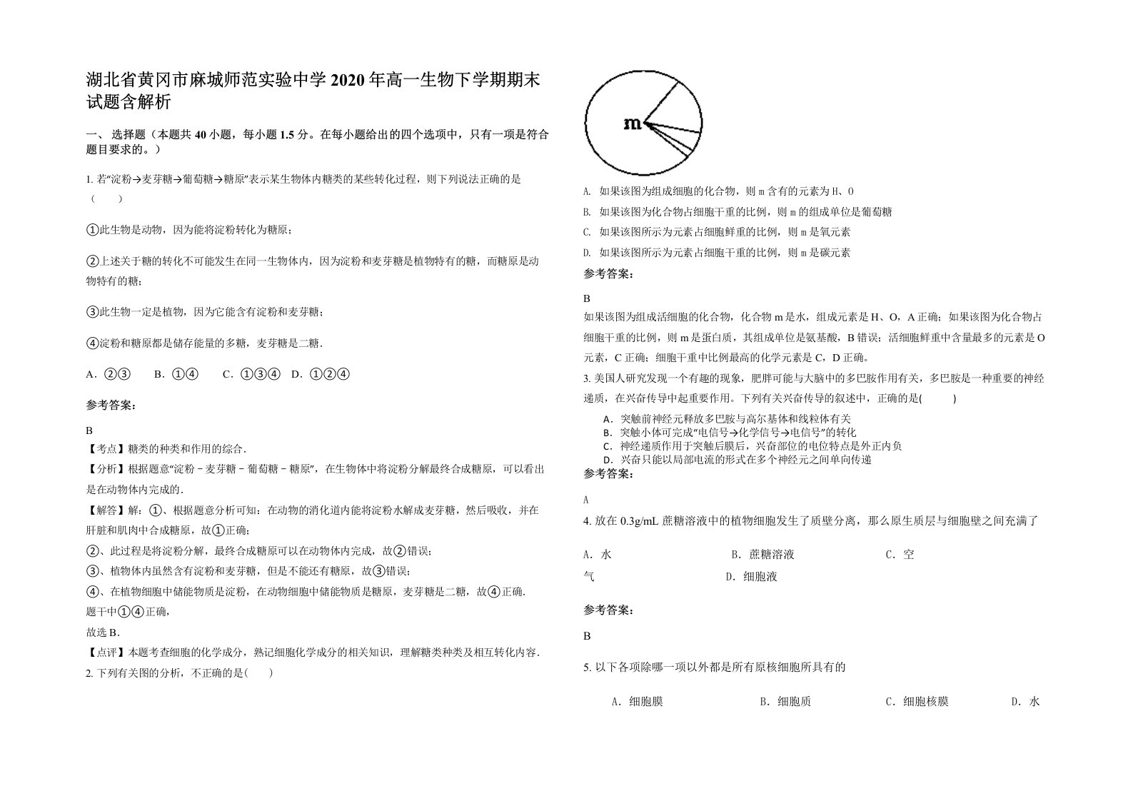 湖北省黄冈市麻城师范实验中学2020年高一生物下学期期末试题含解析