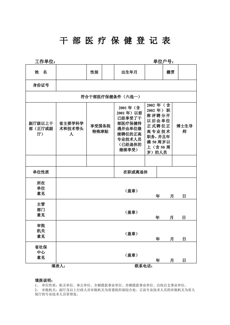 干部医疗保健登记表