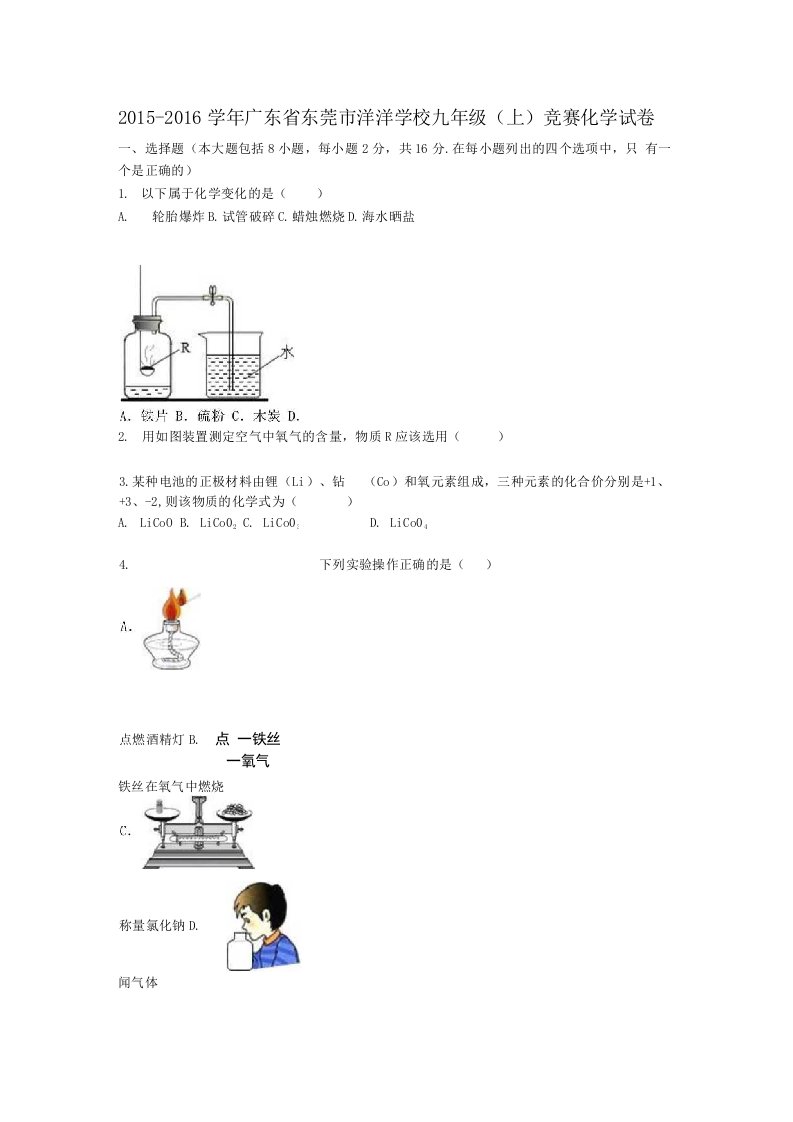 广东省东莞市洋洋学校九年级化学上学期竞赛试题含解析新人教版