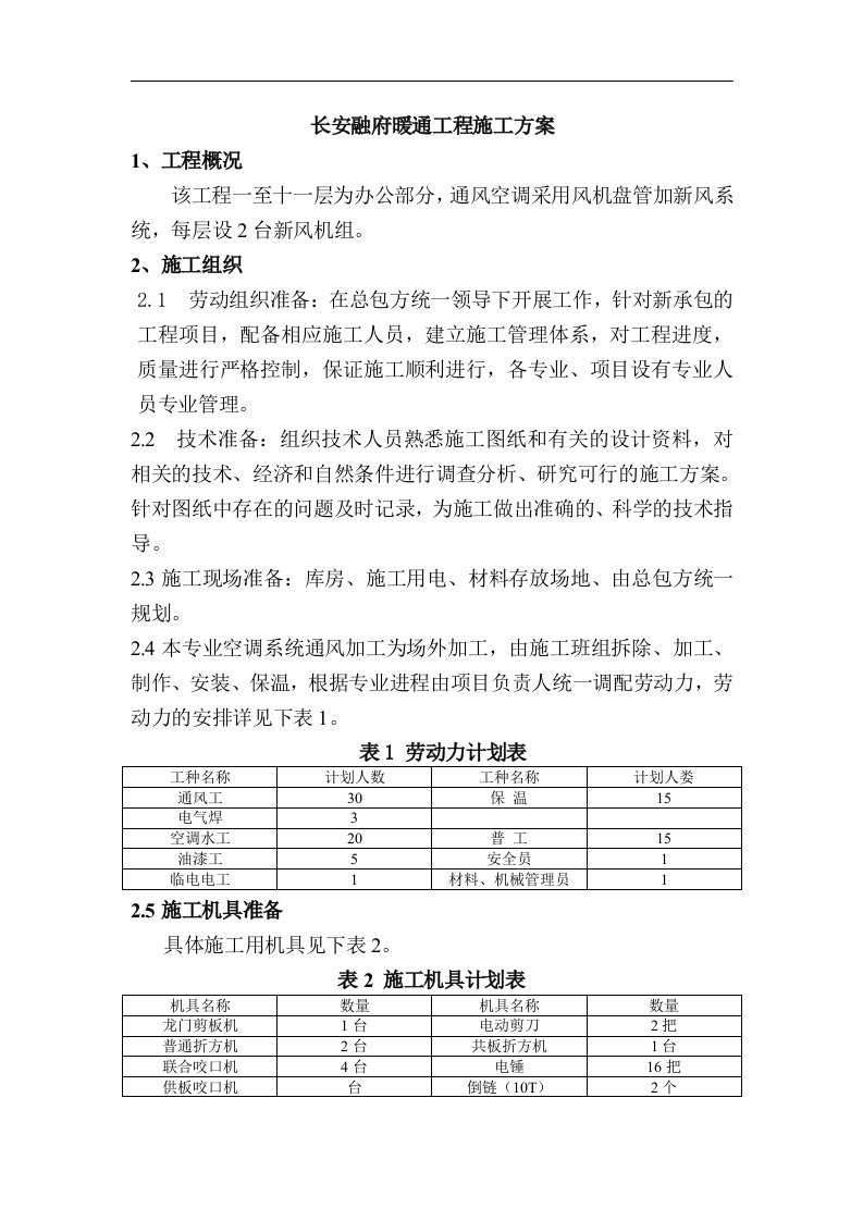 暖通工程施工方案范例