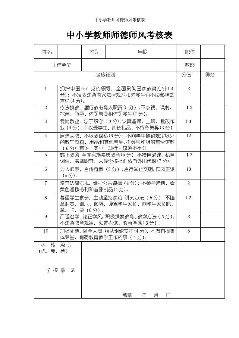 中小学教师师德师风考核表