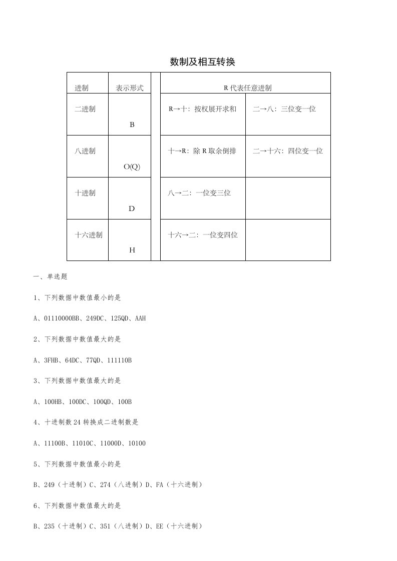 二进制十进制八进制十六进制转换练习题